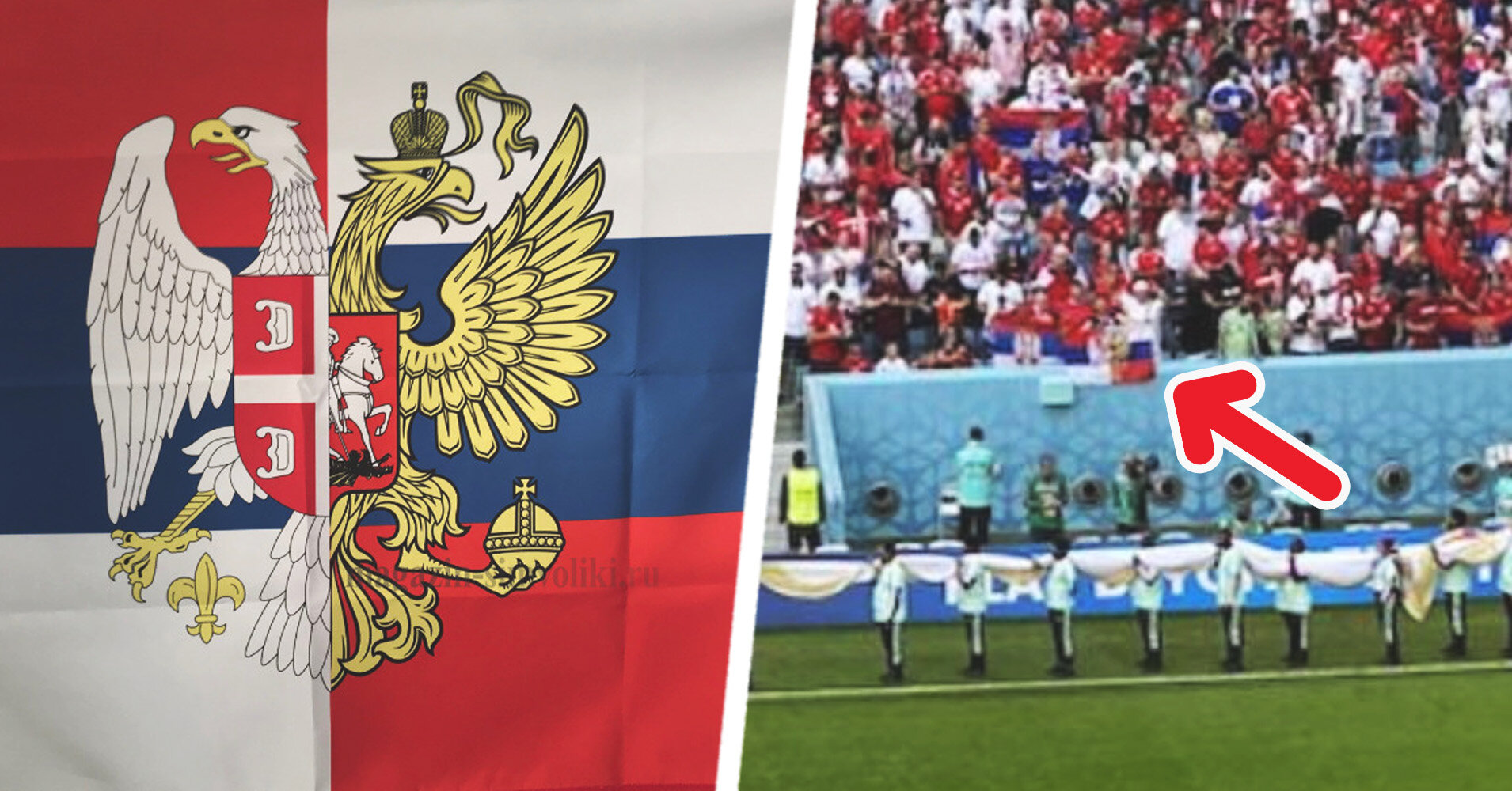 Объединенный флаг России и Сербии со словами Одни цвета, одна вера вывесили фанаты на матче с Камеруном