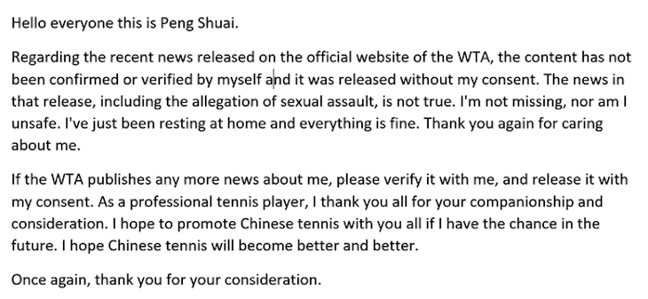 Китайские власти делают вид, что Шуай Пэн в порядке, но от этого за нее только страшнее. Теннис сплотился как никогда, Пекин требуют лишить Олимпиады