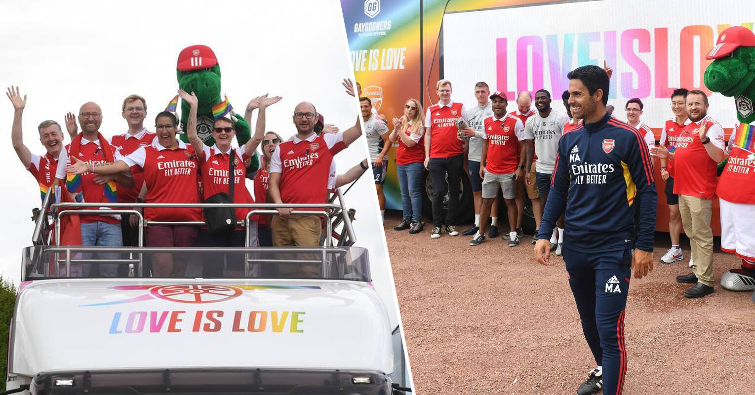 ЛГБТ-фанаты Арсенала Геи-канониры поучаствуют в параде гордости в Лондоне. Их провожали Артета и команда, Гуннерзавр поехал с болельщиками