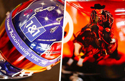 Семейный шлем Шумахера для Гран-при США: фирменный дракон Михаэля в ковбойской шляпе и фото сестры-наездницы